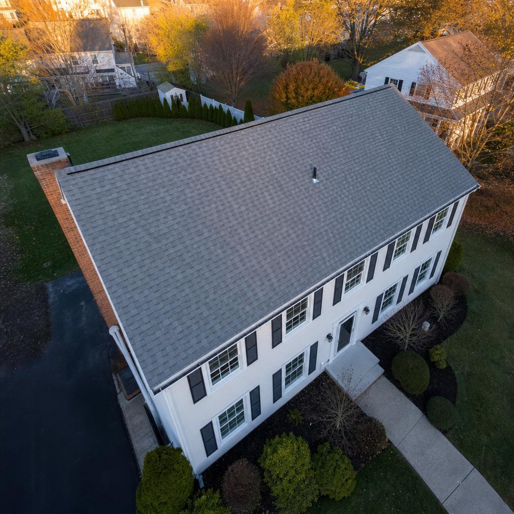 Aerial view of completed shingle roof