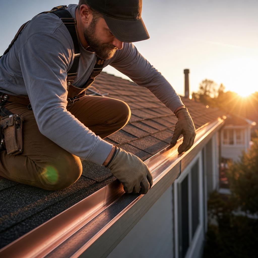 Roofer installing copper flashing detail