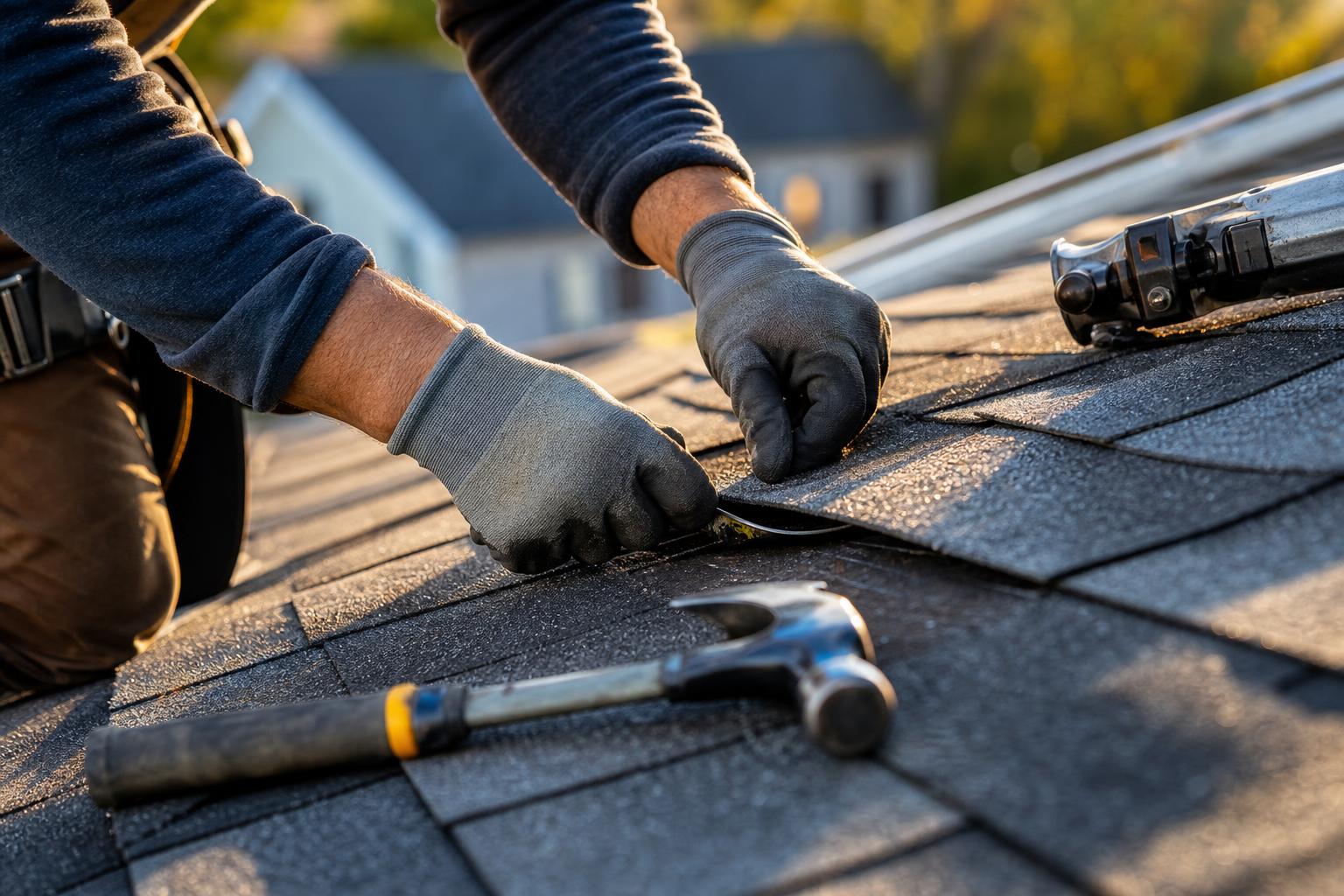 Roofer repairing damaged shingles