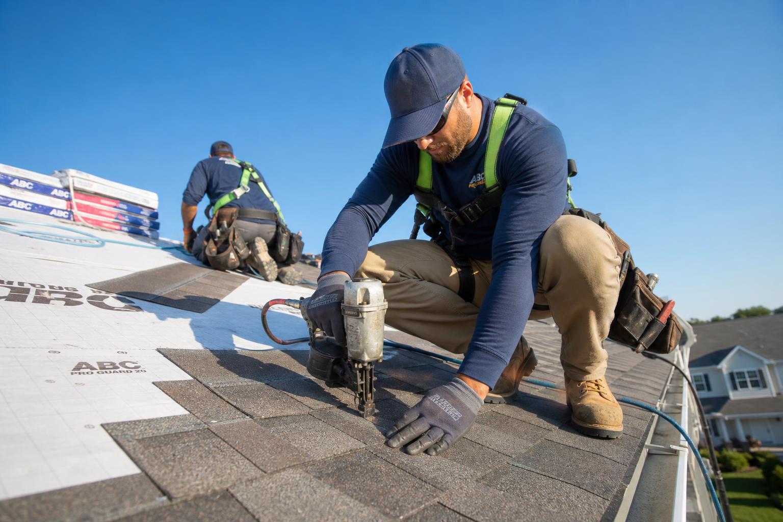 Crew installing a new shingle roof