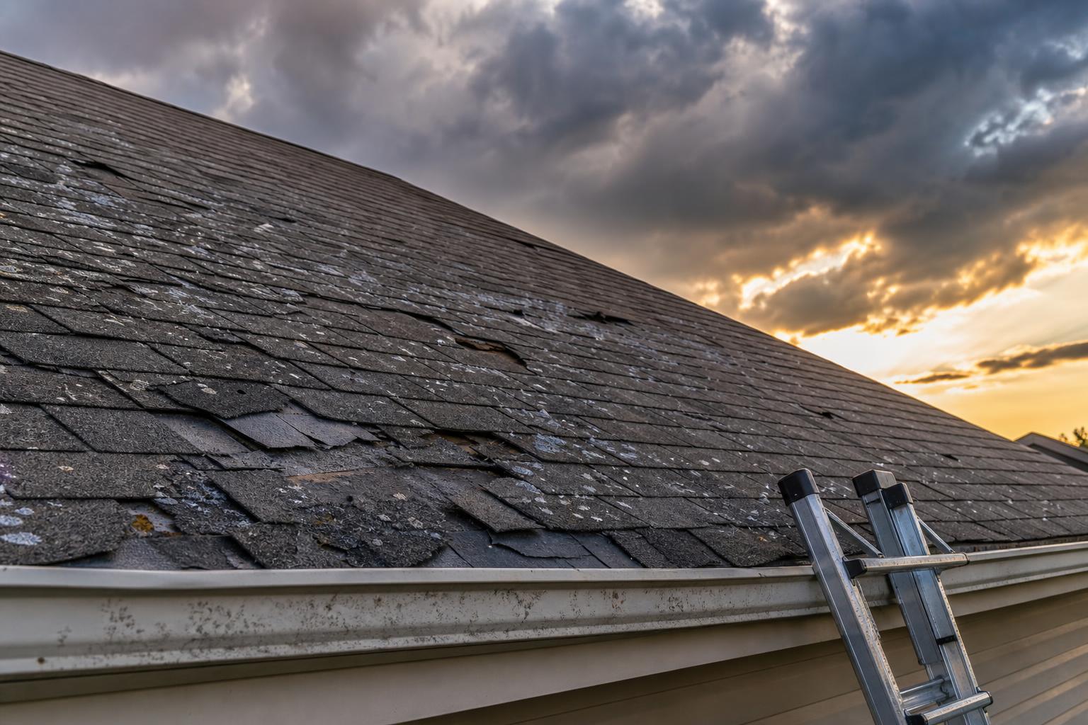 Storm damaged roof being inspected